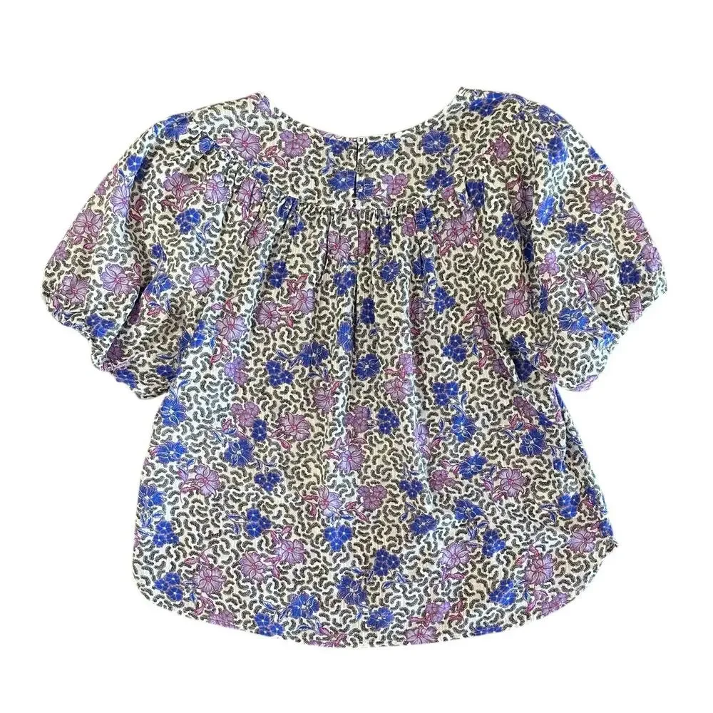 LOFT Purple Floral Print Shirred Yoke Top Puff Sleeve Lightweight Size Small EUC